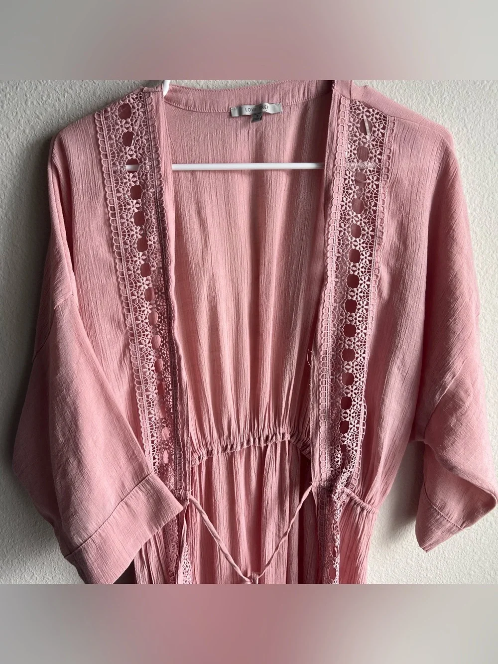 Love Tree Blush Pink Crochet Trim Kimono Duster Cardigan - Picture 3 of 10